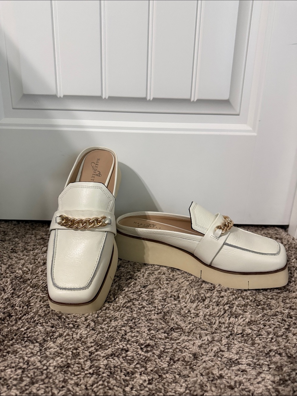 Naked Feet Cream Leather Chain-Trim Platform Mules